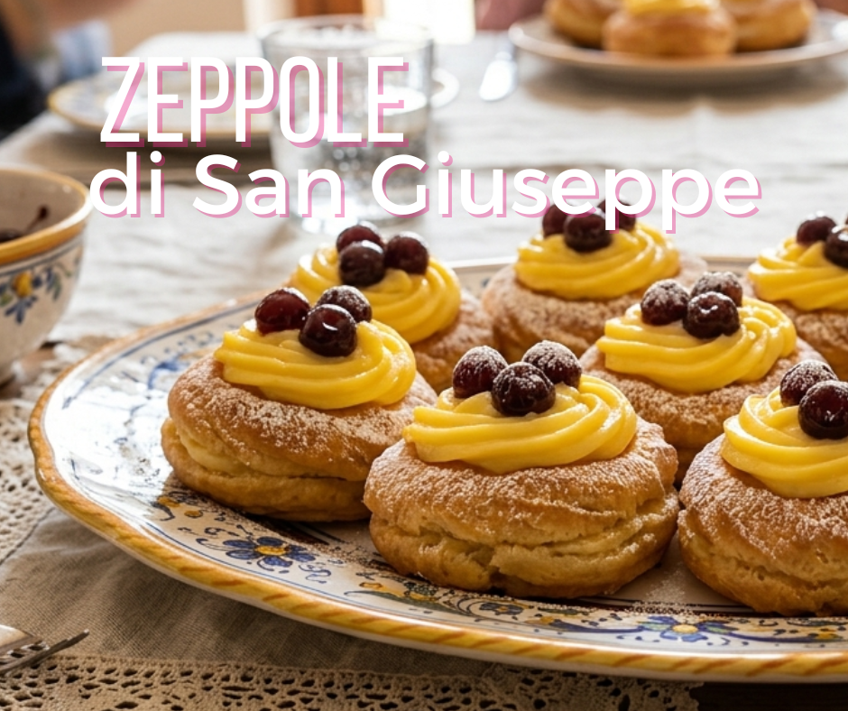 dolci tipo zeppole con crema e amarene